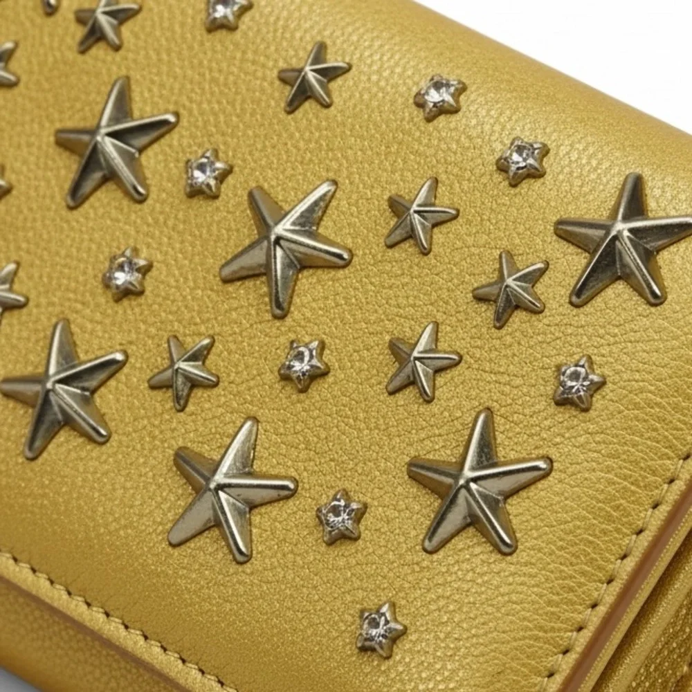 Jimmy Choo Nino Crystal Star-Studded Pearlized Yellow Leather Wallet and COA - Picture 3 of 17